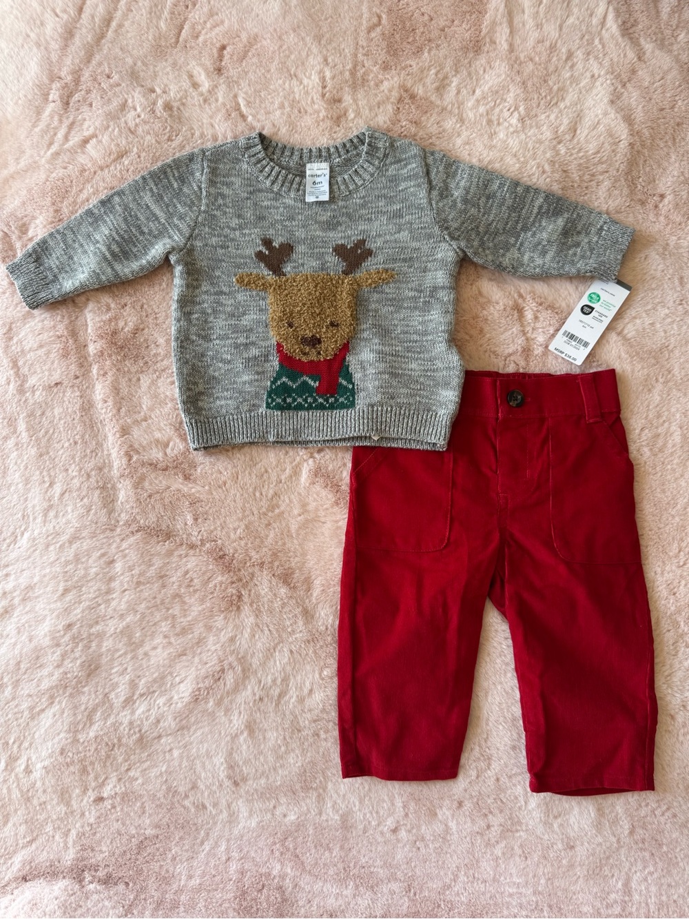 NWT Carter's Baby 2-Piece Reindeer Sweater & Corduroy Red Pant Set Size 6 months